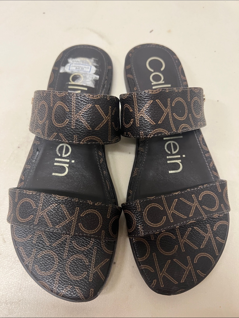 Calvin Klein Brown Monogram Double-Strap Slide Sandals